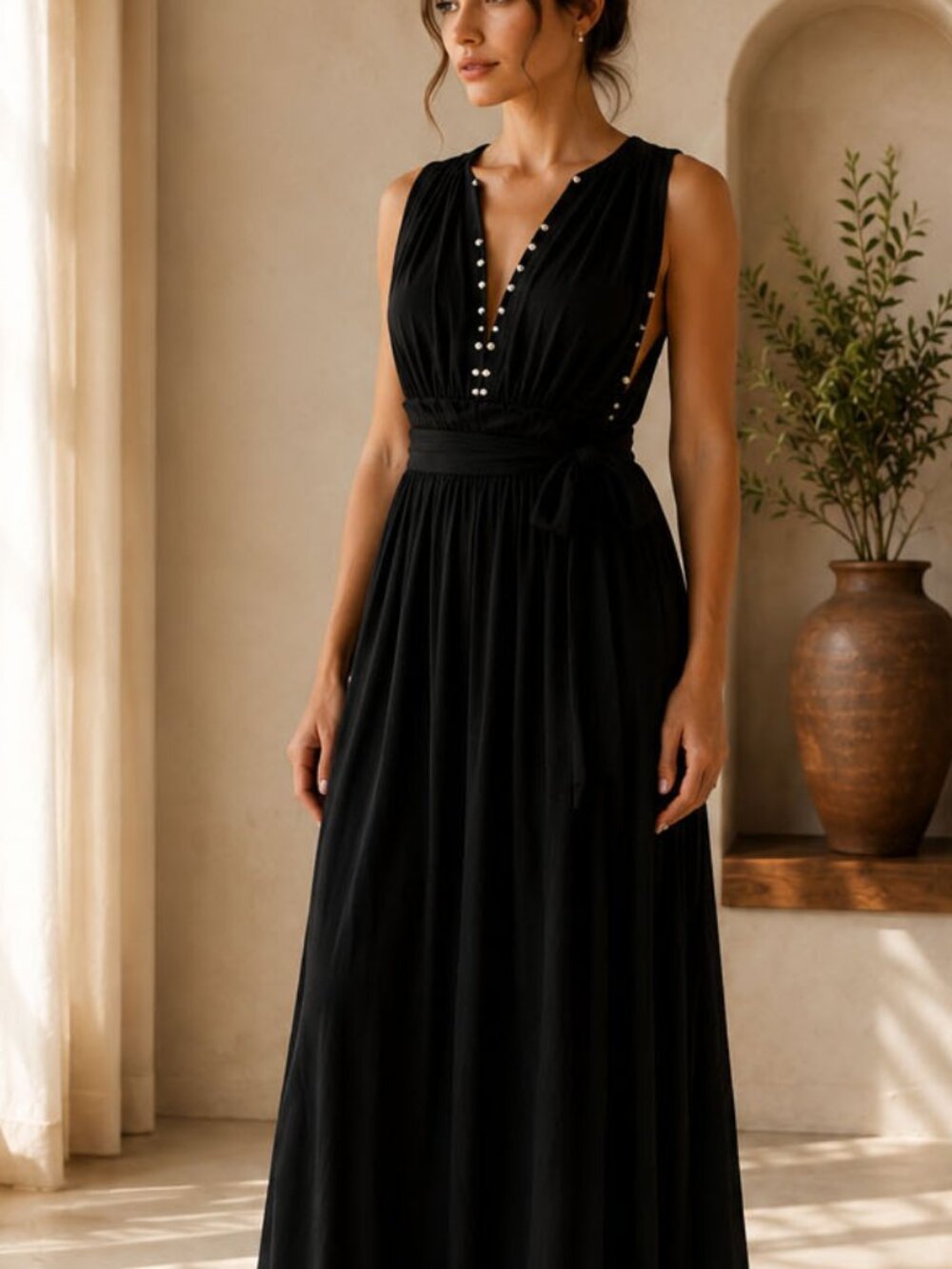 New Black Pearl V-Neck Open Back Maxi Dress One Size  | Resort | Vacation